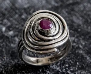 Ruby Spiral Ring - Swirl Silver Ring - Ruby Bezel Ring