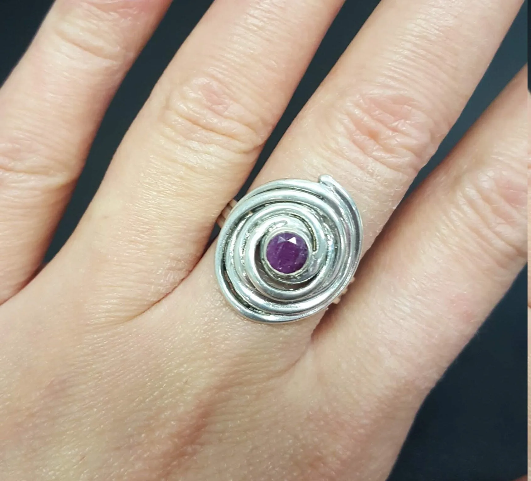 Ruby Spiral Ring - Swirl Silver Ring - Ruby Bezel Ring