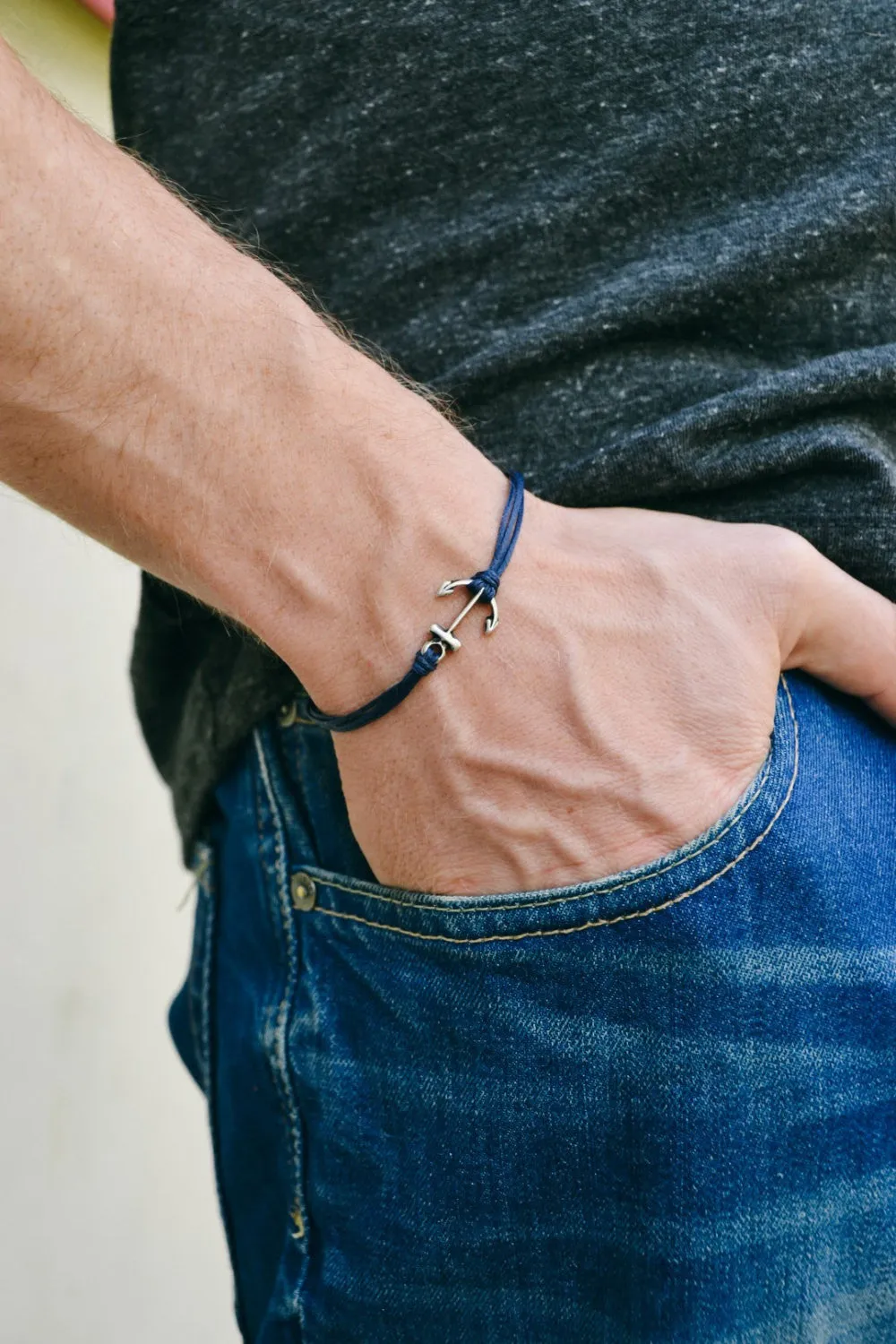 Silver anchor bracelet for men, blue cord, gift for him