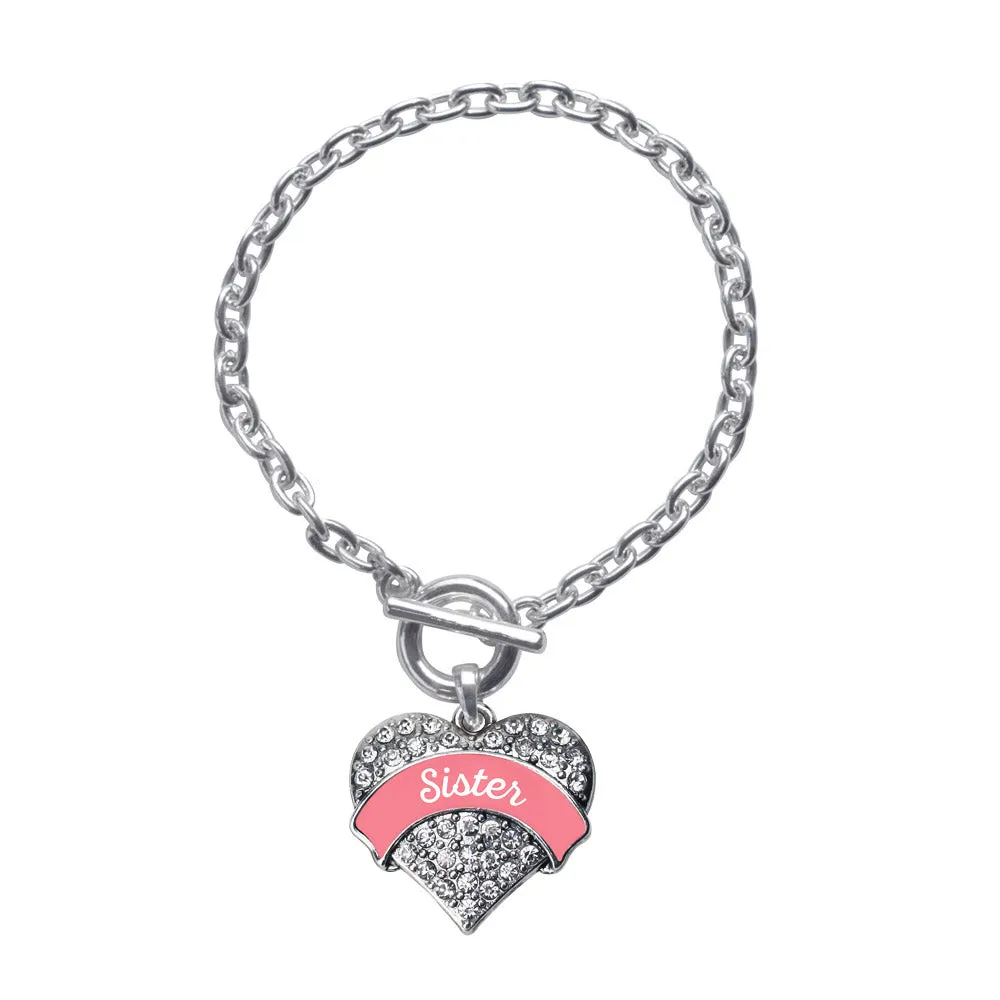 Silver Coral Sister Pave Heart Charm Toggle Bracelet