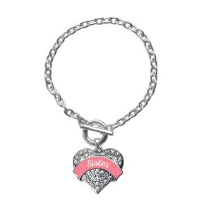 Silver Coral Sister Pave Heart Charm Toggle Bracelet