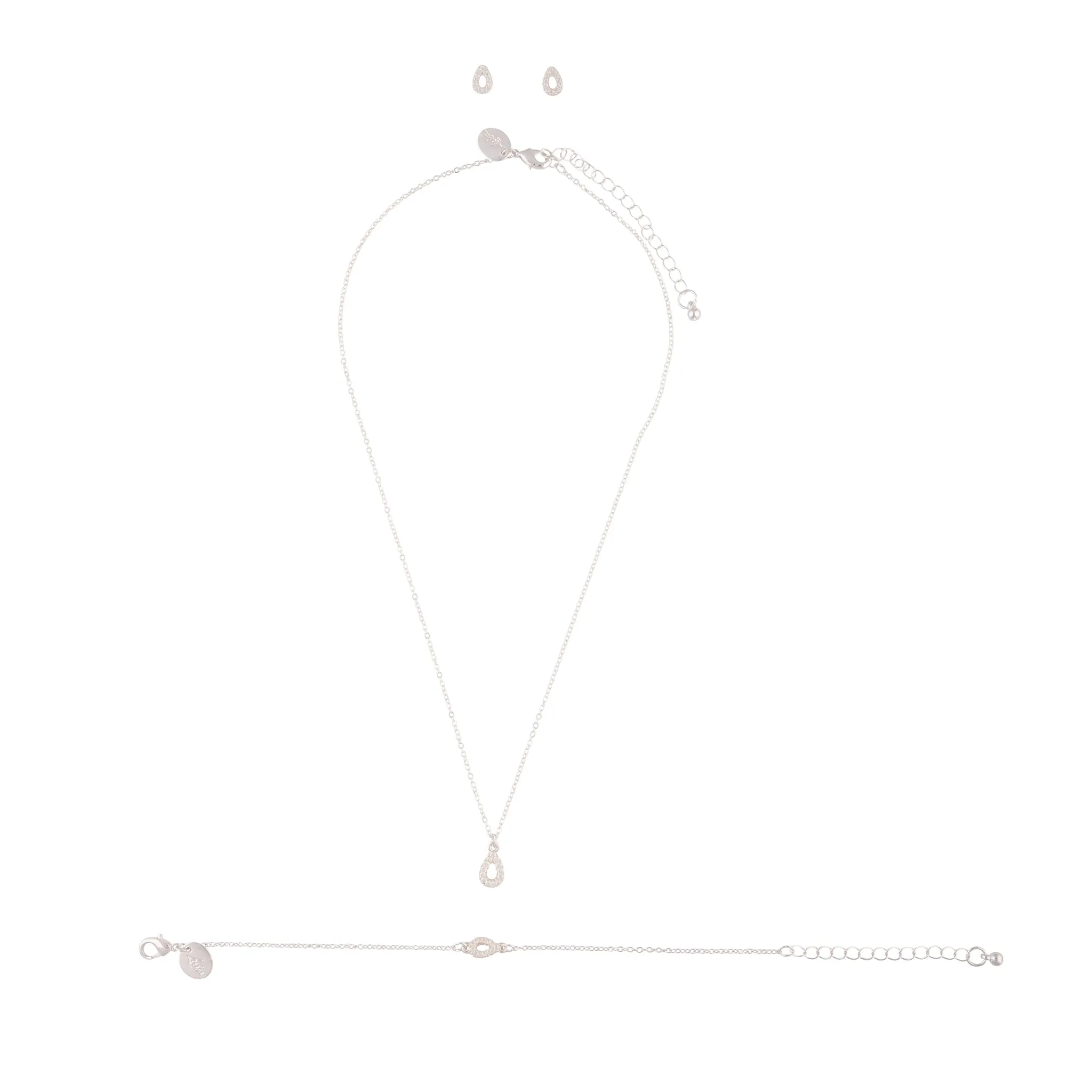 Silver Cubic Zirconia Teardrop Necklace Bracelet Earring Set