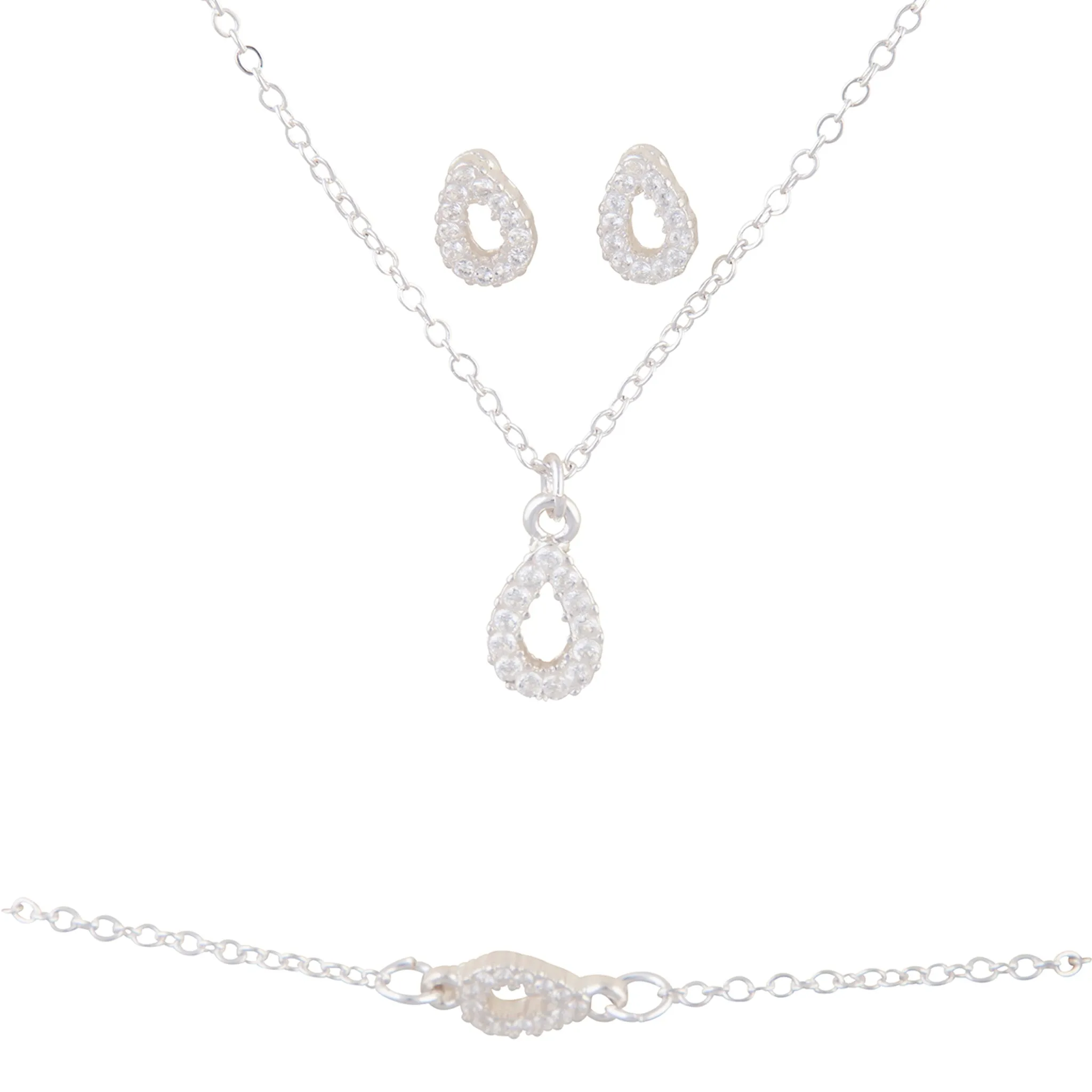 Silver Cubic Zirconia Teardrop Necklace Bracelet Earring Set