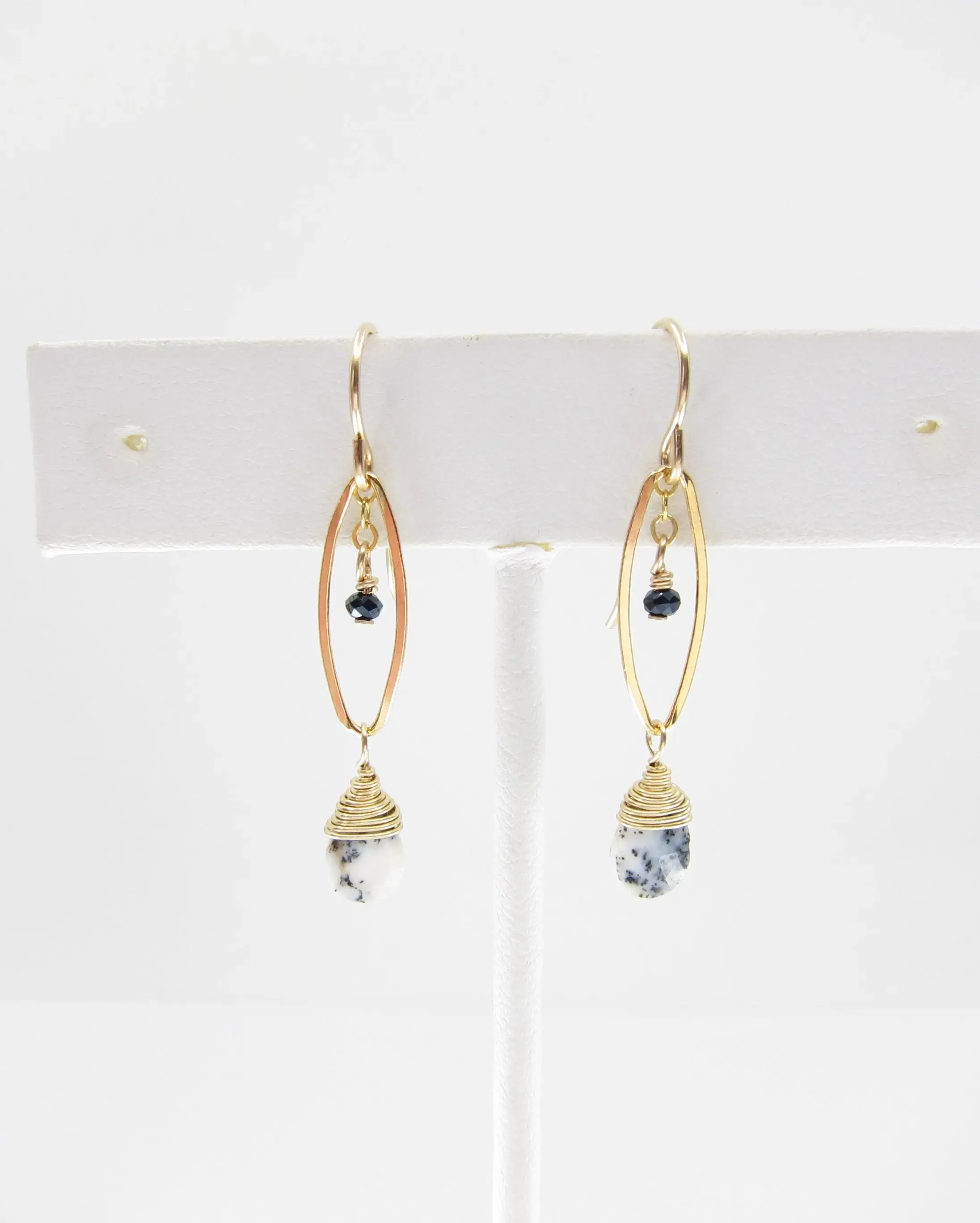 Small Marquis Link Earrings with Tiny Dendrite Opal Teardrop