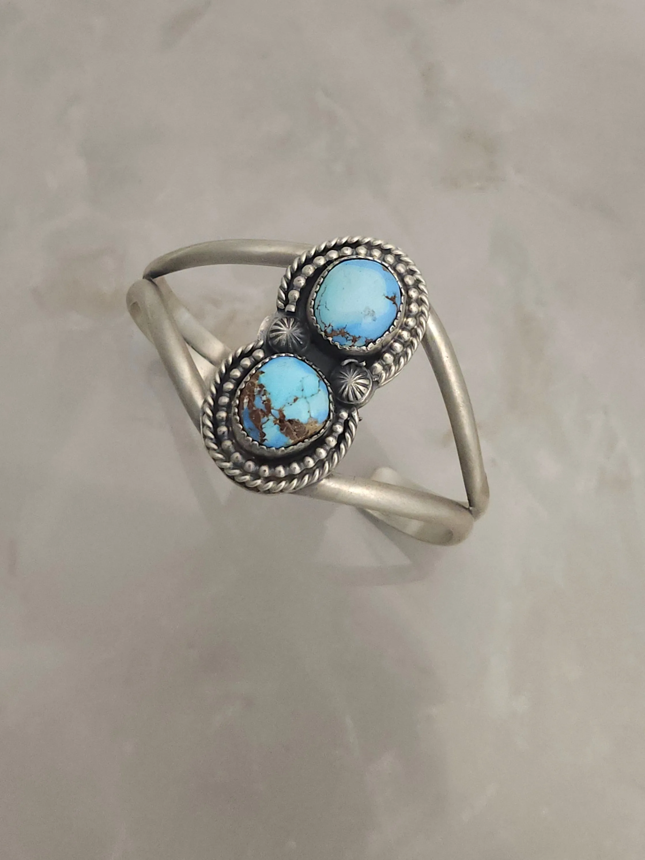 Stamped Sterling Silver Golden Hills Turquoise 2 Stone Cuff Bracelet