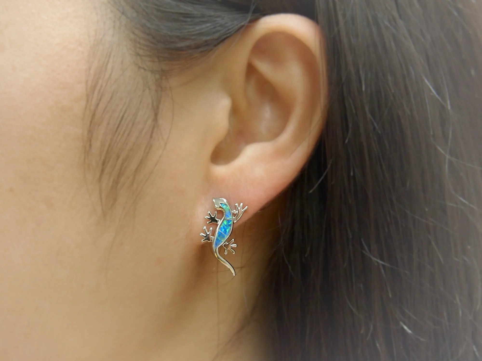 Sterling Silver Synthetic Blue Opal Lizard Stud Earrings