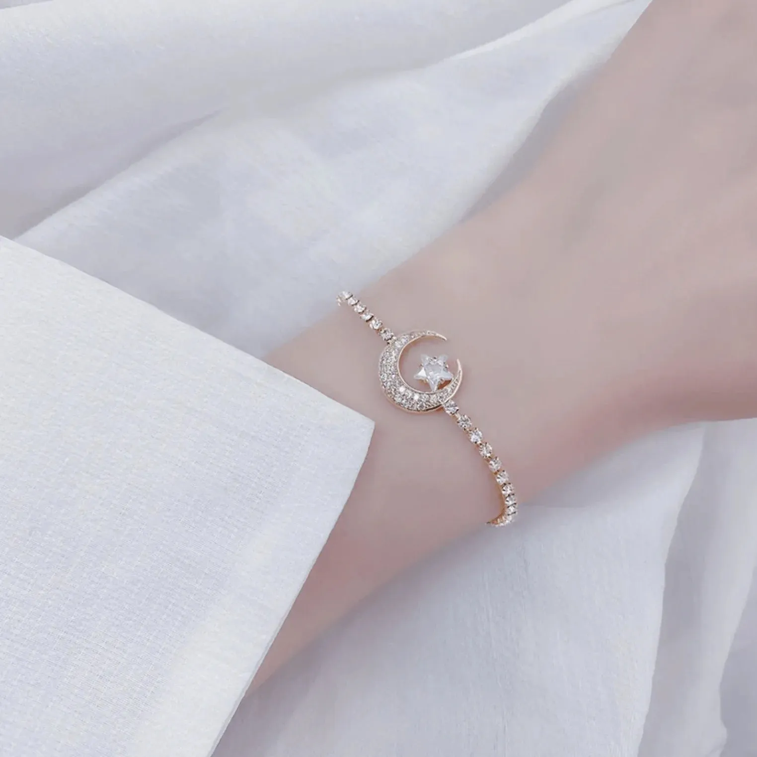 Elegant Madison Moon Bracelet with Adjustable Silver Chain and Sparkling Gemstones
