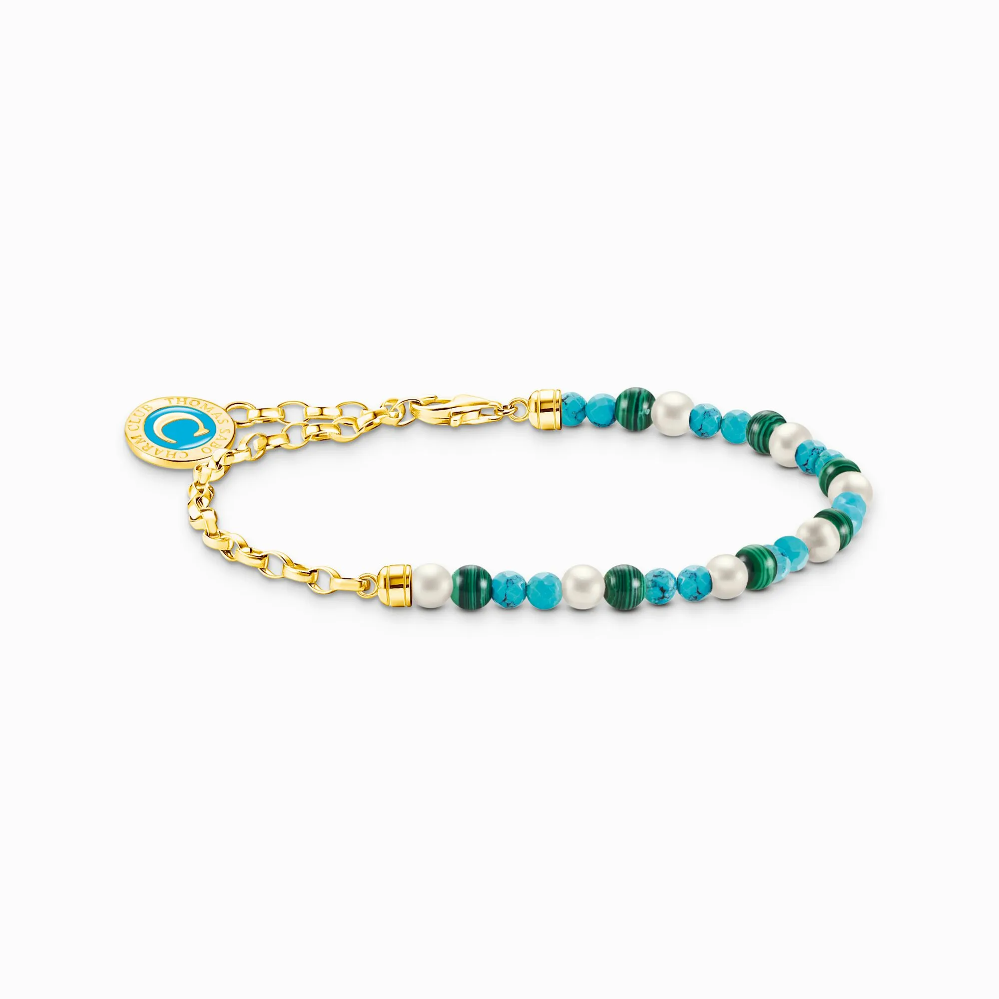 Thomas Sabo Member Charm Bracelet With White Pearls, Malachite And Charmista Disc Gold Plated A2130-140-7