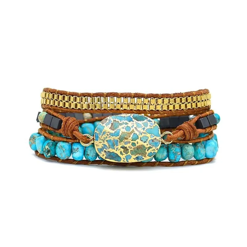 Turquoise Hand-Woven Multilayer Leather Wrap Bracelet Natural Stones Handmade Bracelet