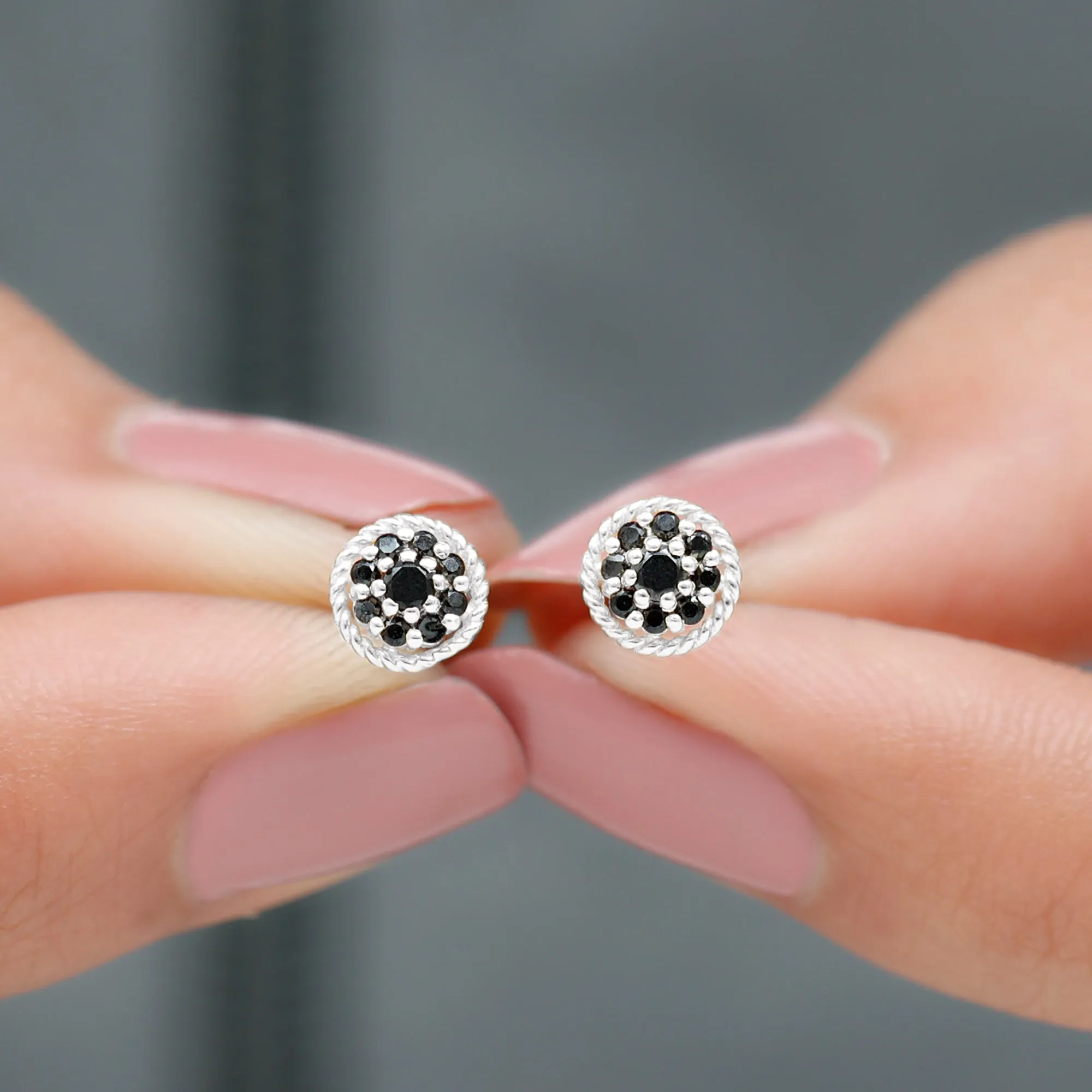 Twisted Rope Stud Earrings with Floral Black Spinel