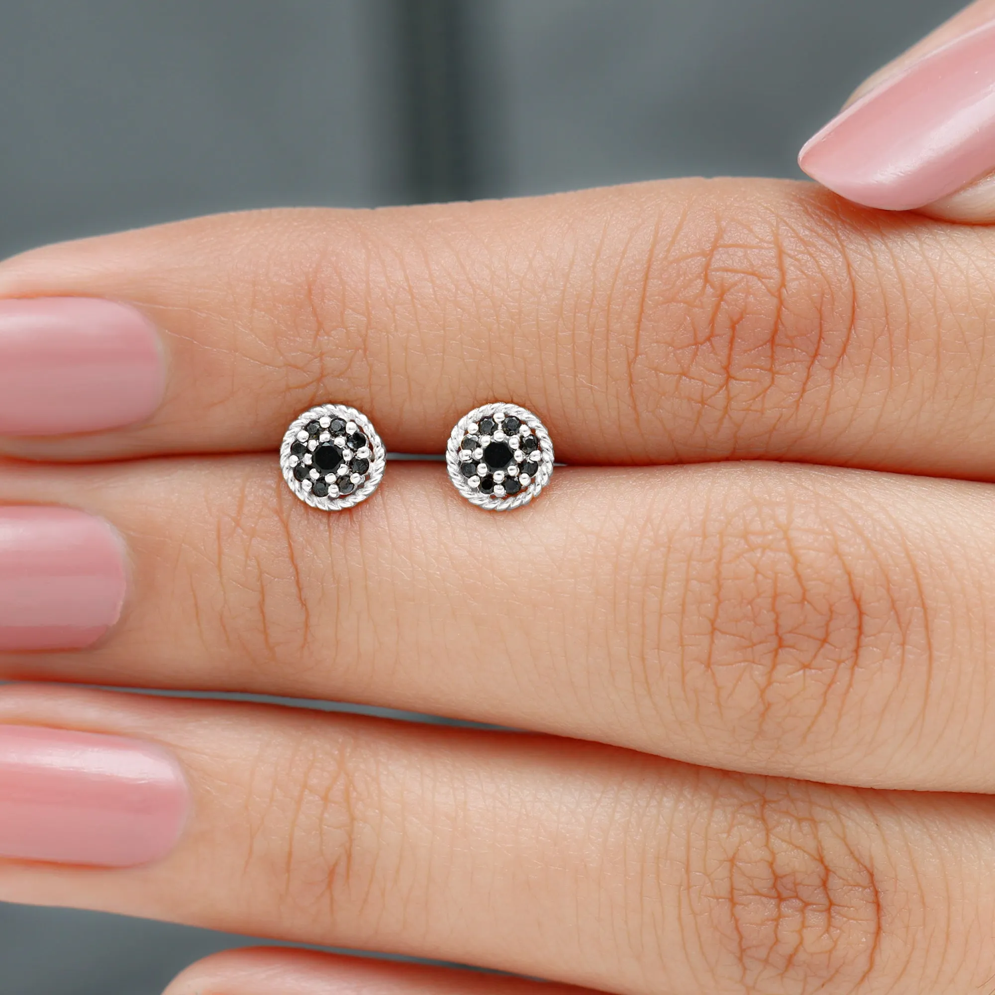 Twisted Rope Stud Earrings with Floral Black Spinel
