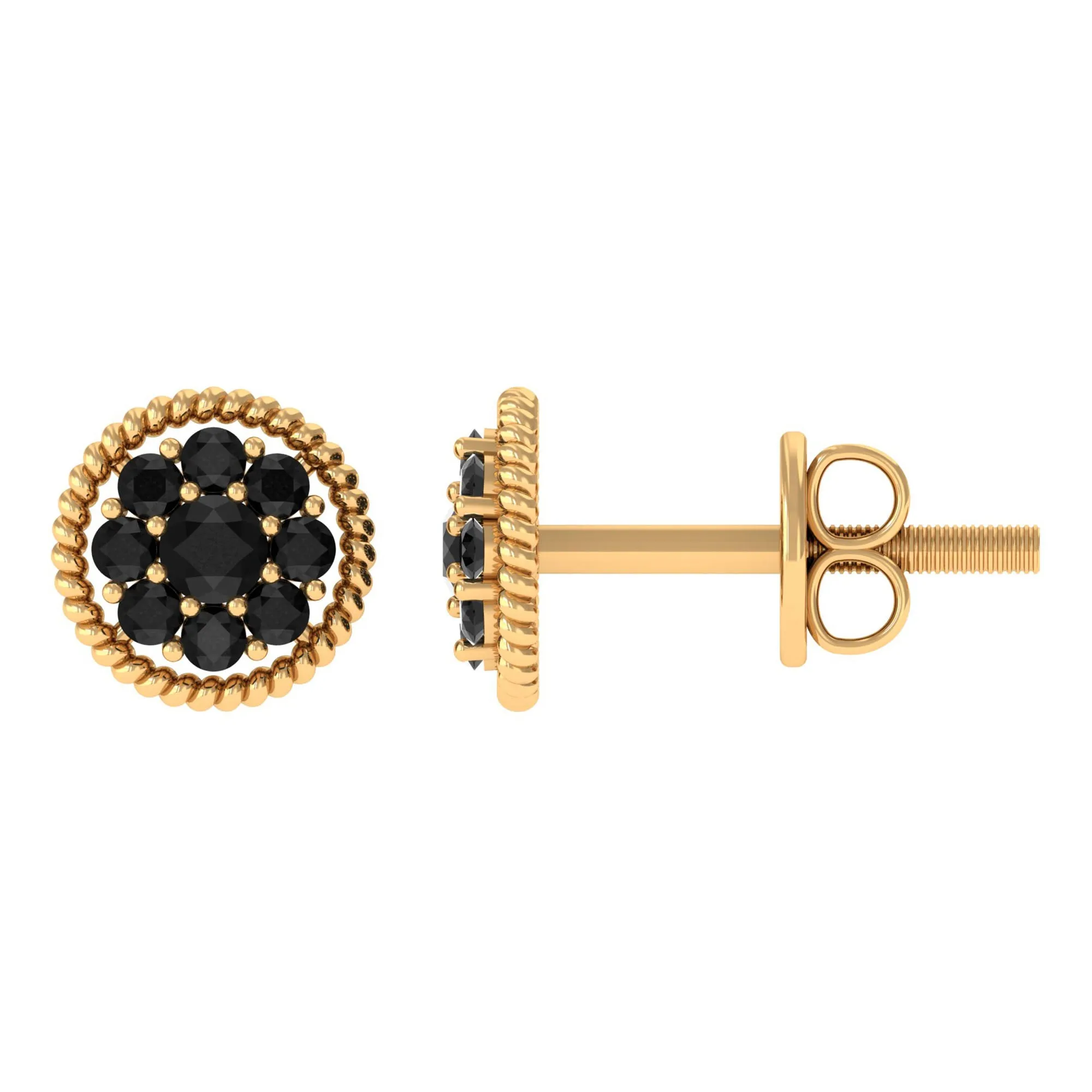 Twisted Rope Stud Earrings with Floral Black Spinel