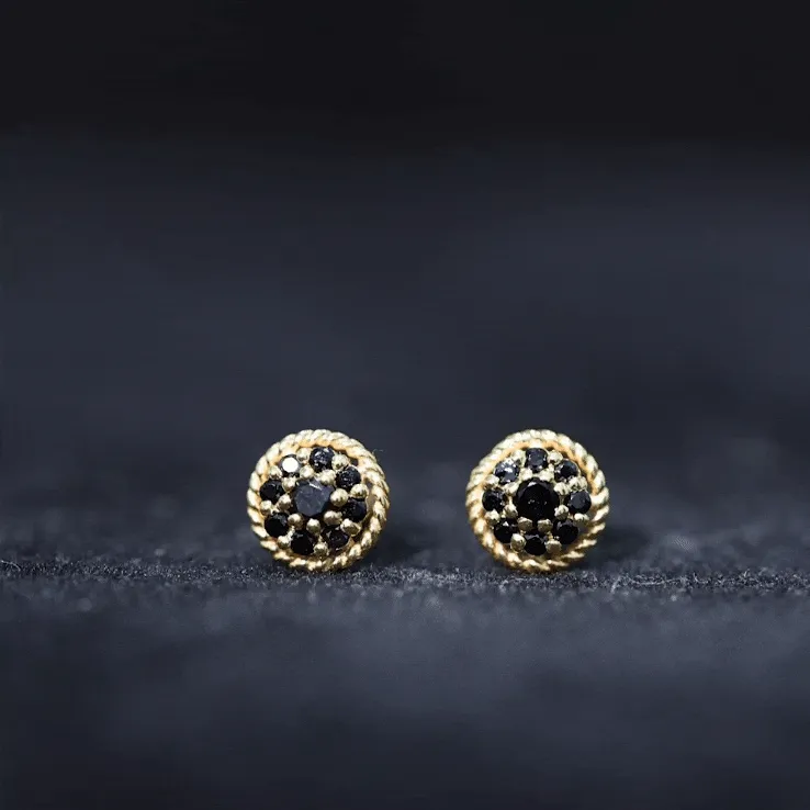 Twisted Rope Stud Earrings with Floral Black Spinel