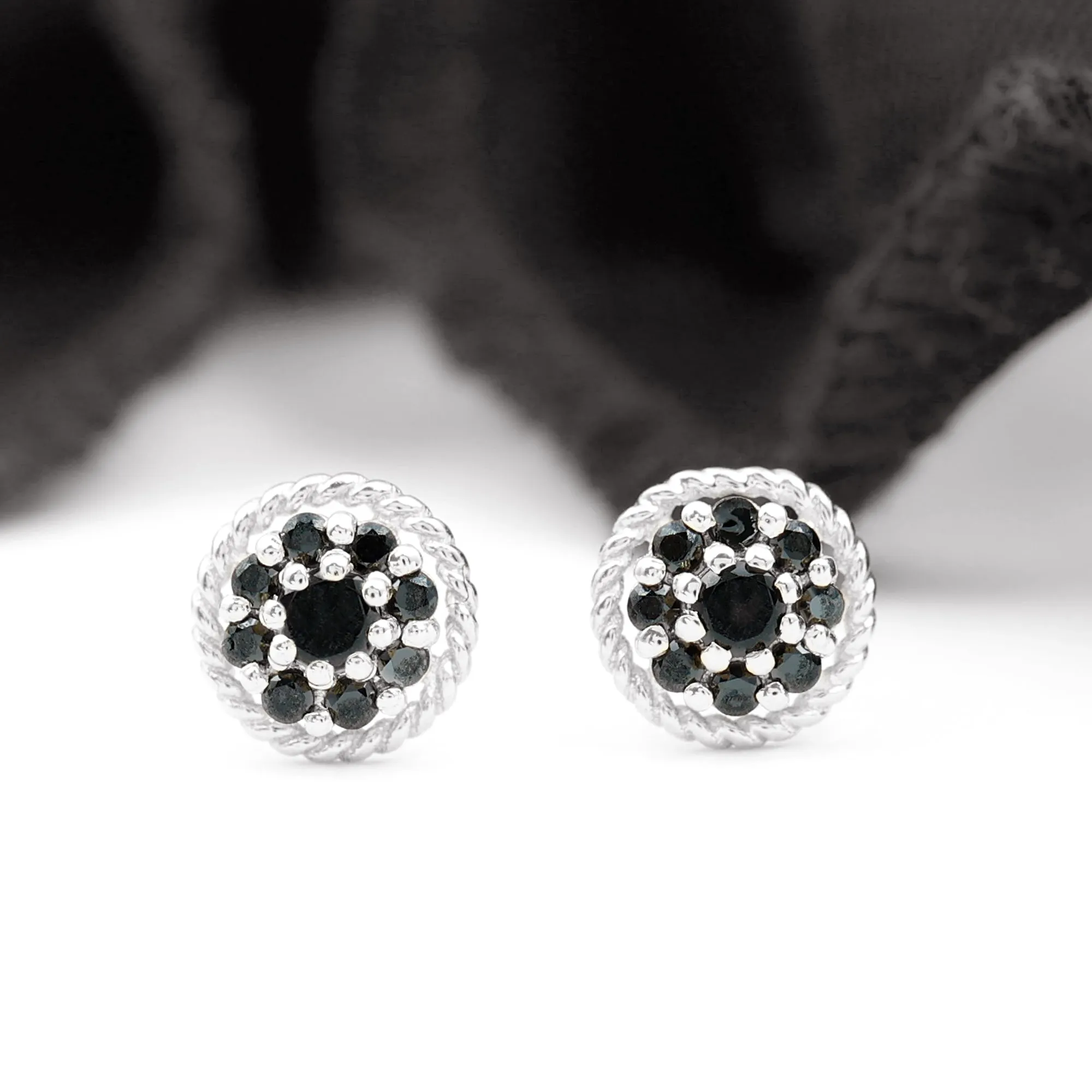 Twisted Rope Stud Earrings with Floral Black Spinel
