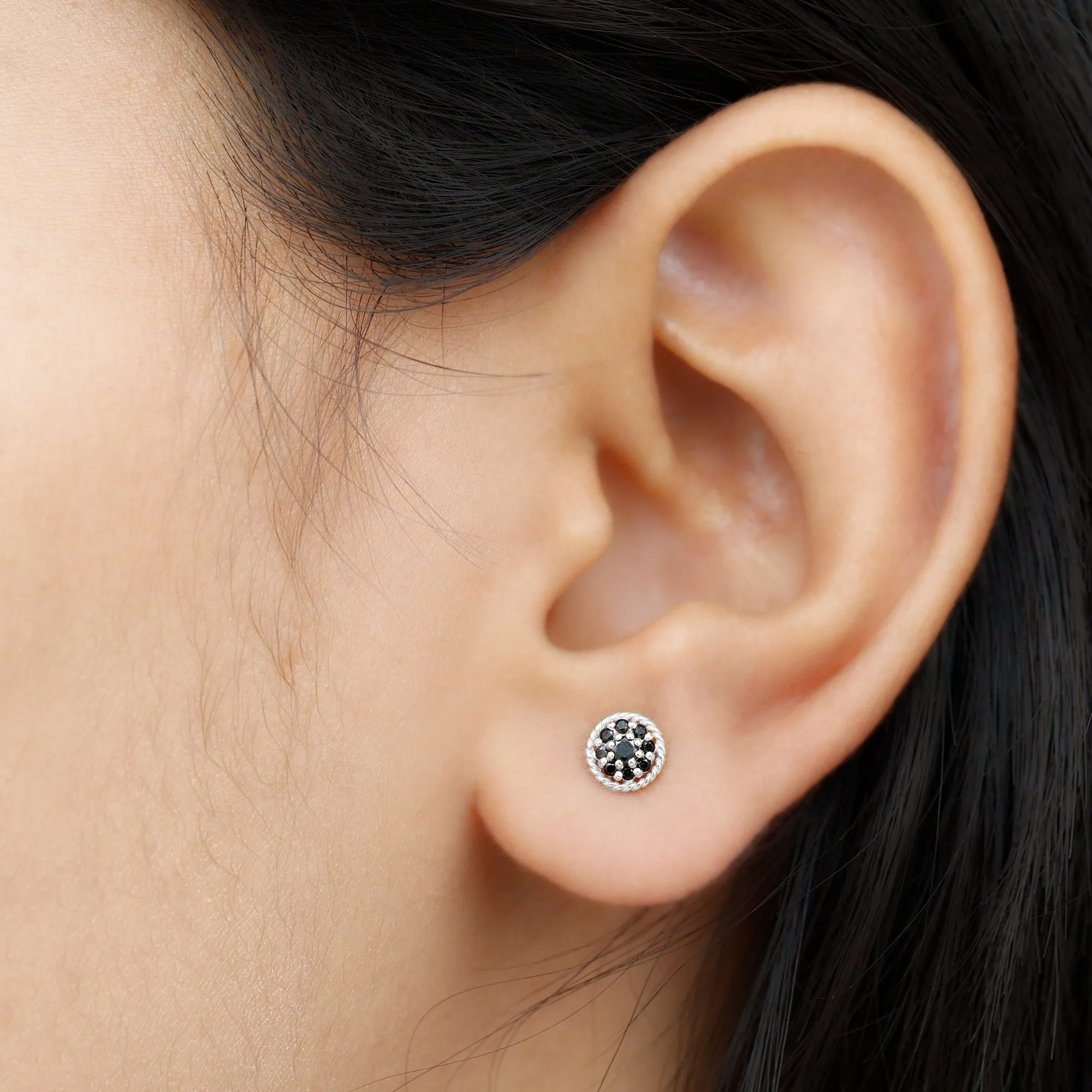 Twisted Rope Stud Earrings with Floral Black Spinel