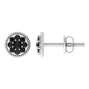 Twisted Rope Stud Earrings with Floral Black Spinel
