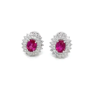 Vintage 2 Carat Ruby Diamond Gold Cluster Stud Earrings