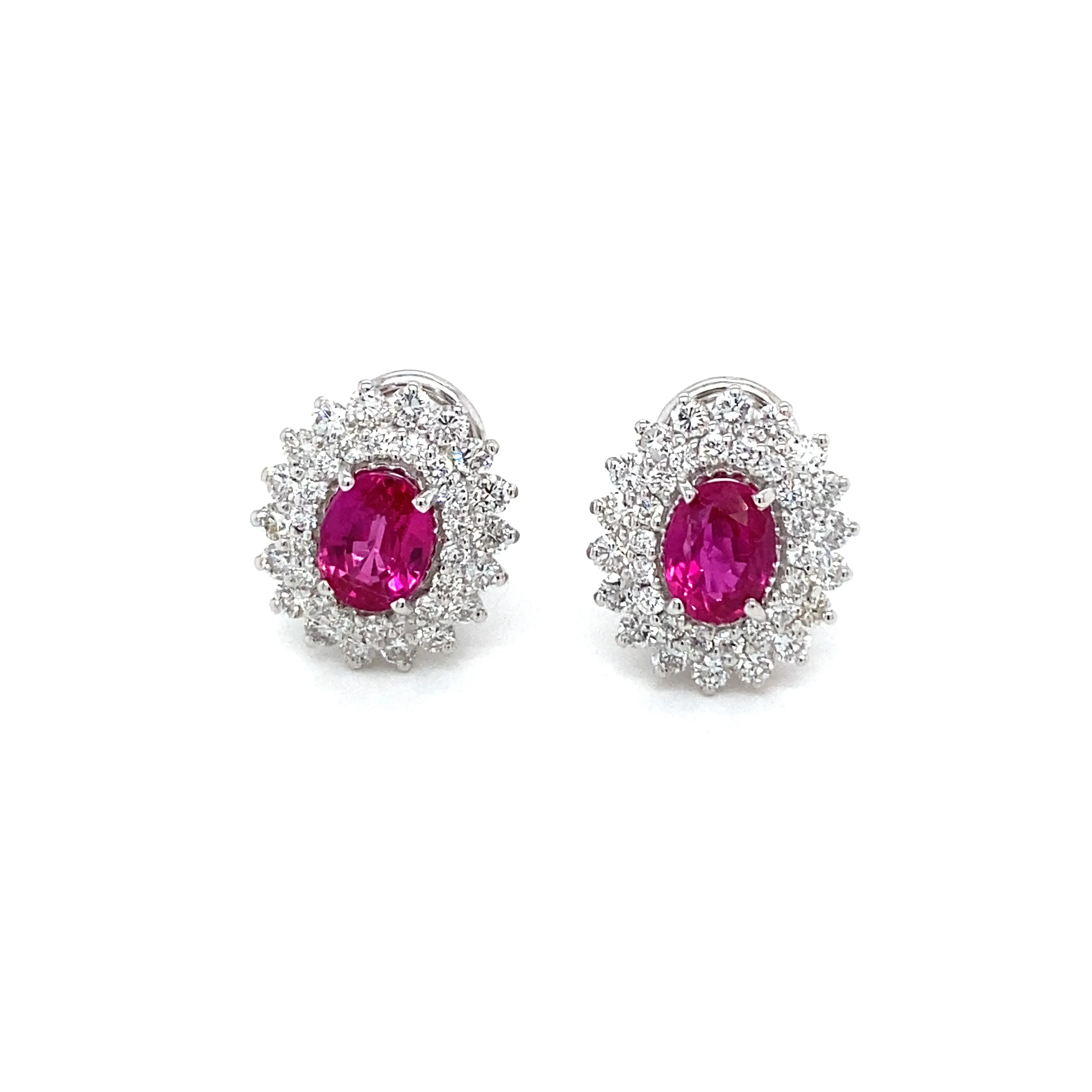Vintage 2 Carat Ruby Diamond Gold Cluster Stud Earrings