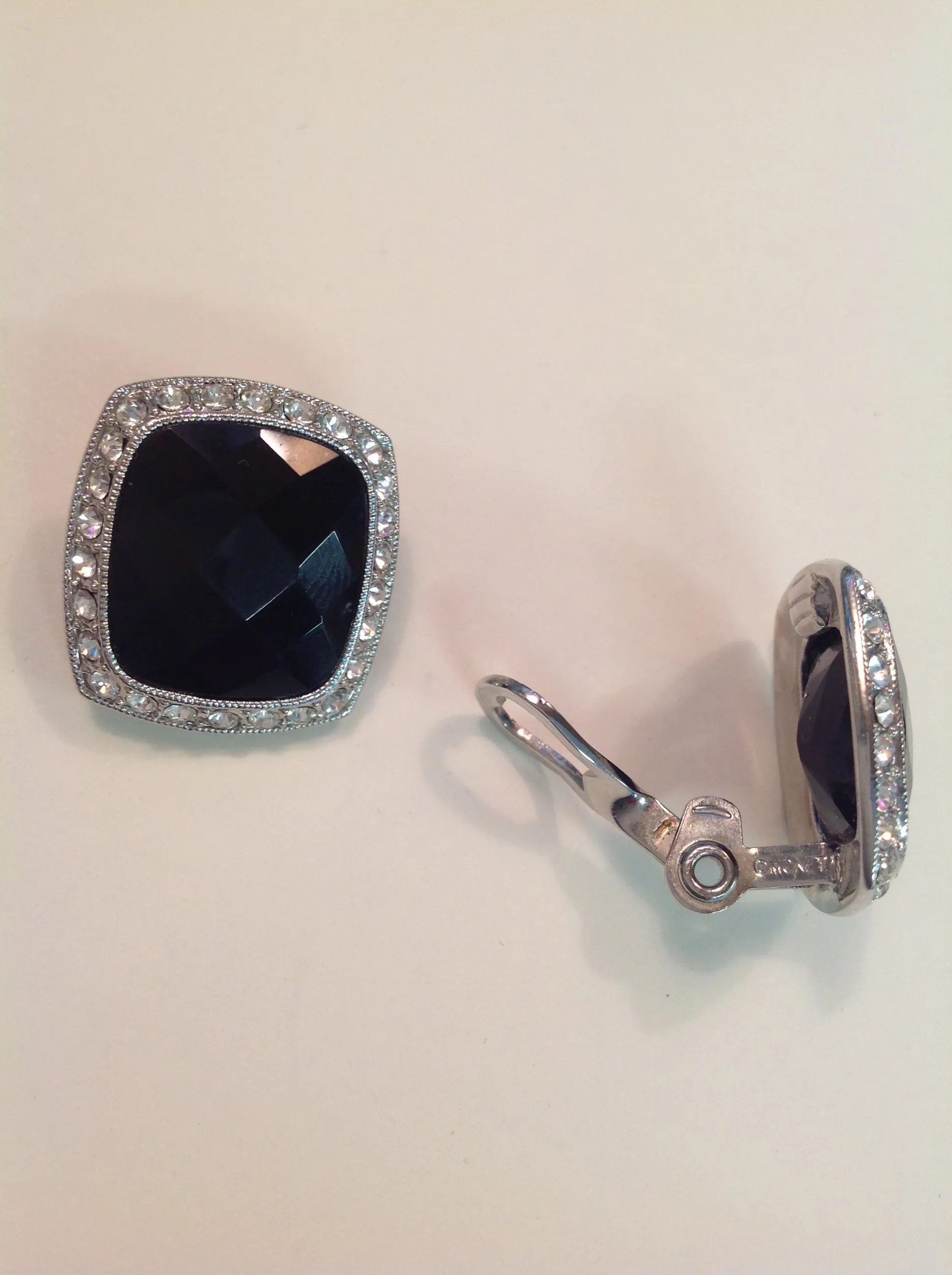 Vintage Silvertone Black Plastic Clip-On Earrings Faux Crystal Elegant Style