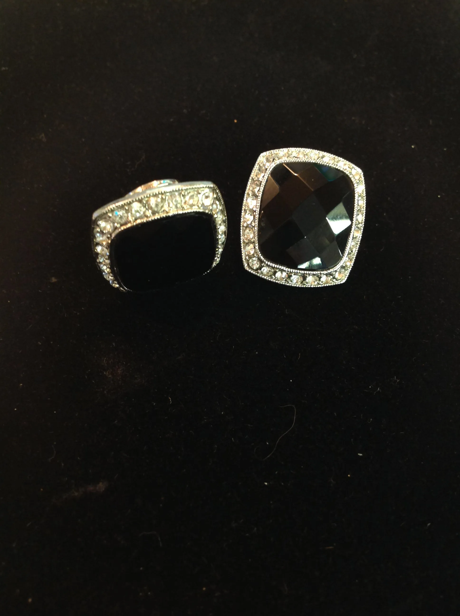 Vintage Silvertone Black Plastic Clip-On Earrings Faux Crystal Elegant Style