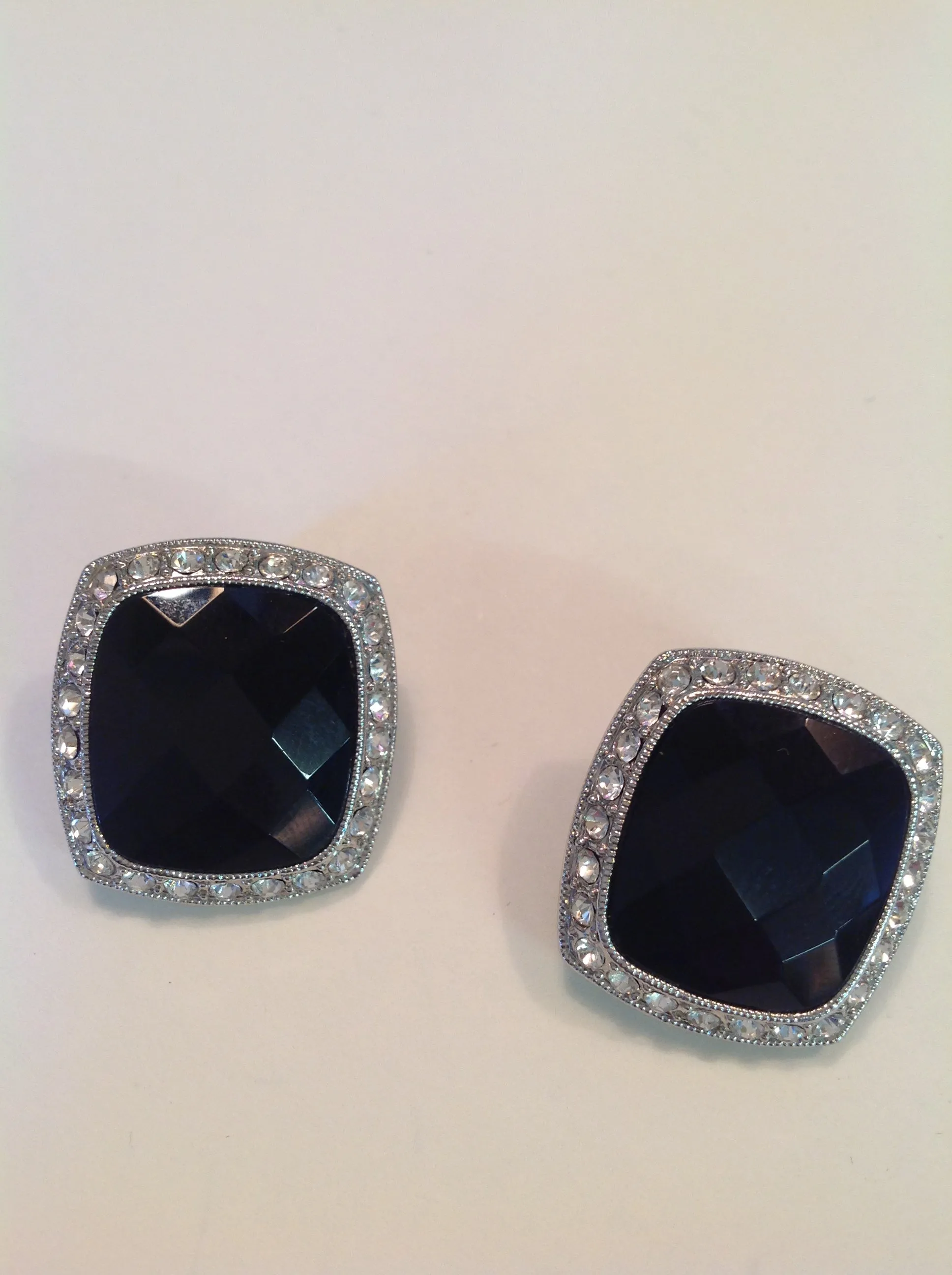 Vintage Silvertone Black Plastic Clip-On Earrings Faux Crystal Elegant Style