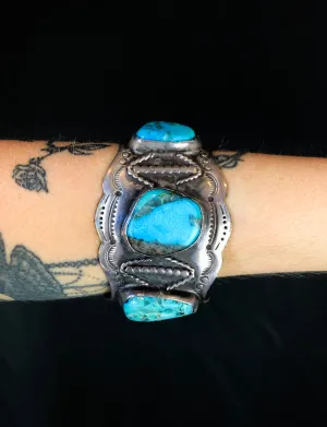 Vintage Sterling Silver Triple Turquoise Cuff Bracelet