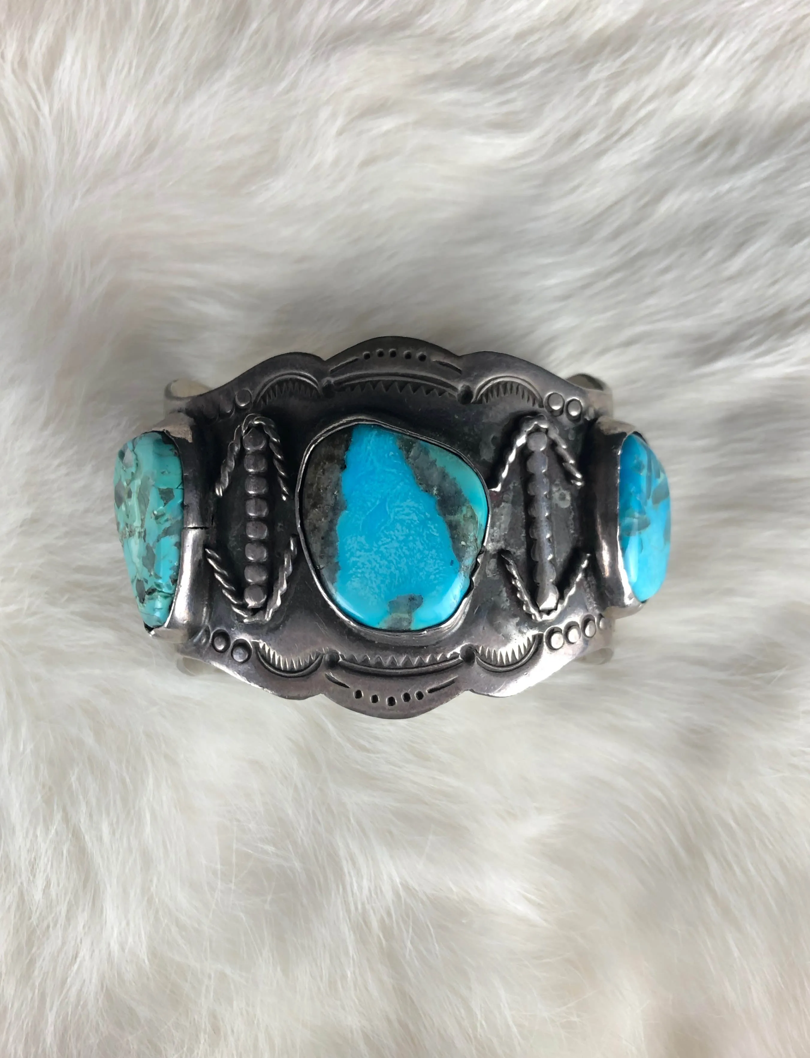 Vintage Sterling Silver Triple Turquoise Cuff Bracelet