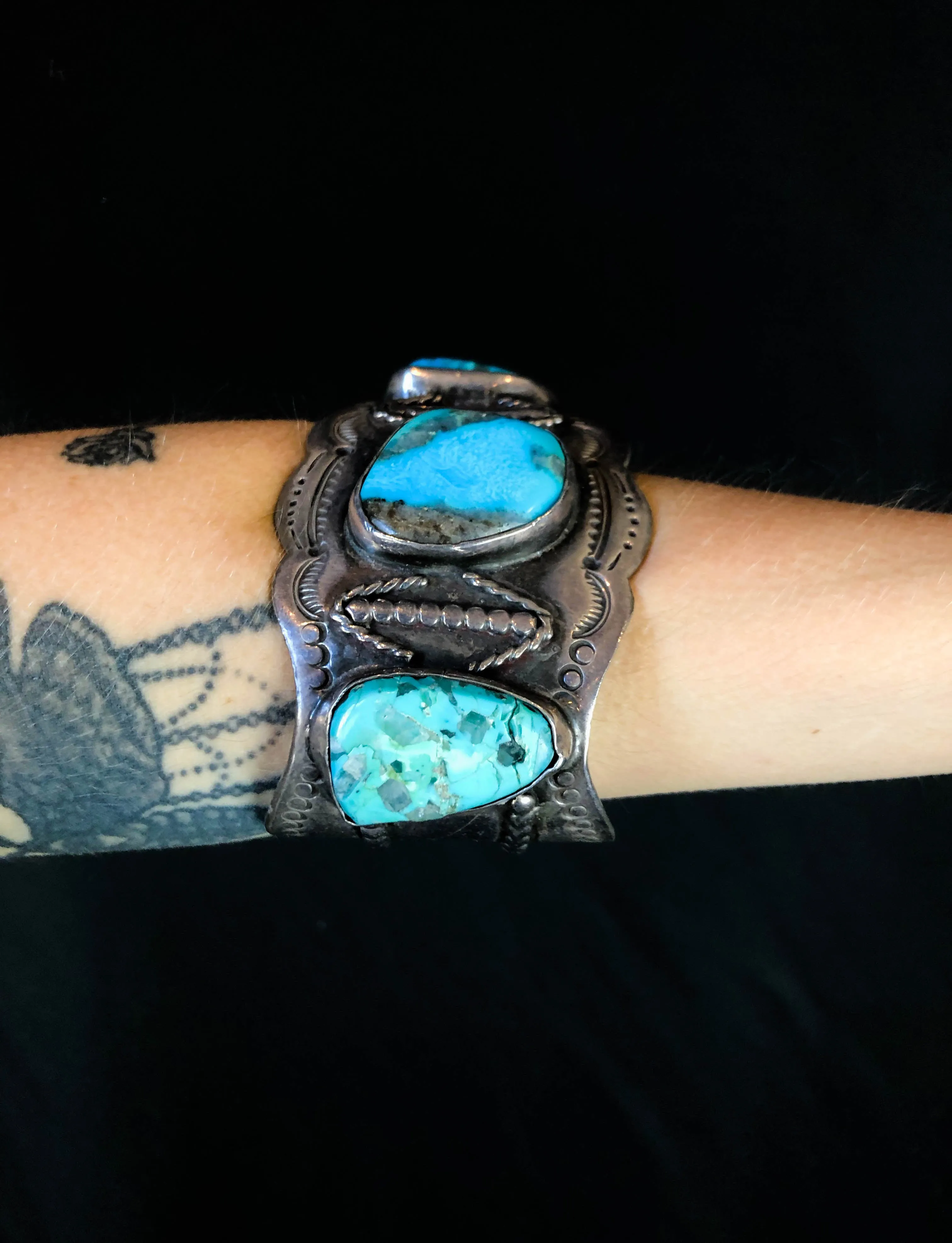 Vintage Sterling Silver Triple Turquoise Cuff Bracelet