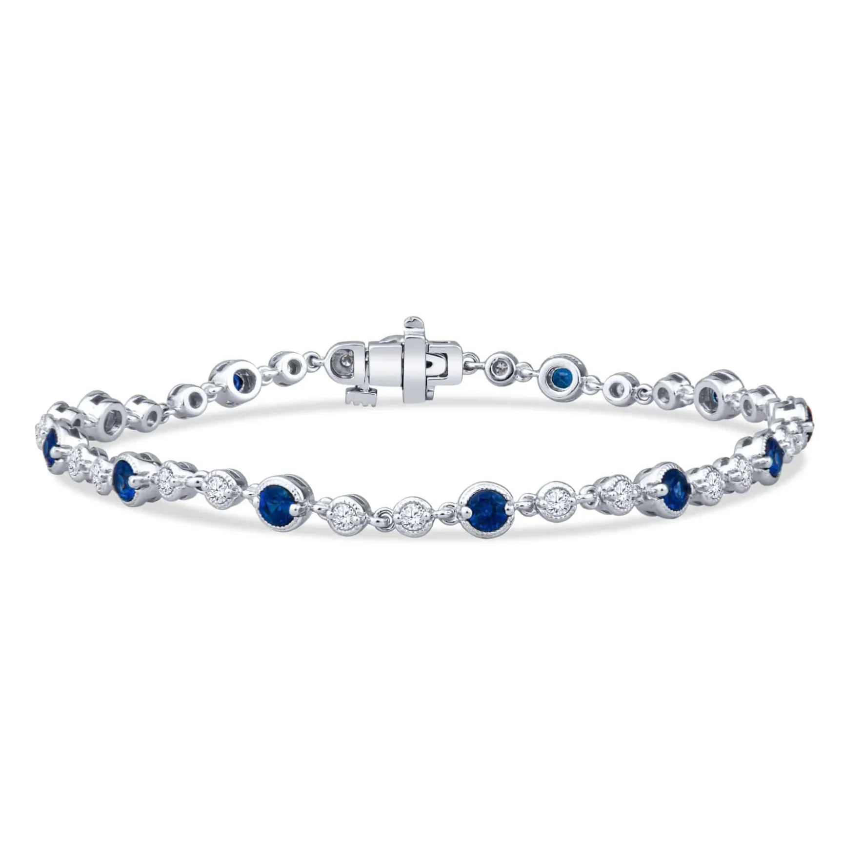 Vintage Style Milgrain Alternating Round Bezel Set Sapphire and Diamonds Bracelet