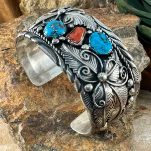 Vintage Turquoise & Coral Silver Bracelet - Estate Jewelry