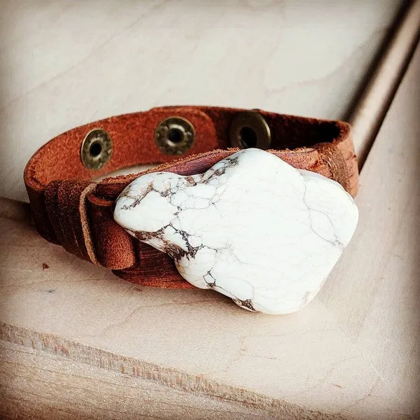 White Turquoise Chunk on Narrow Leather Cuff