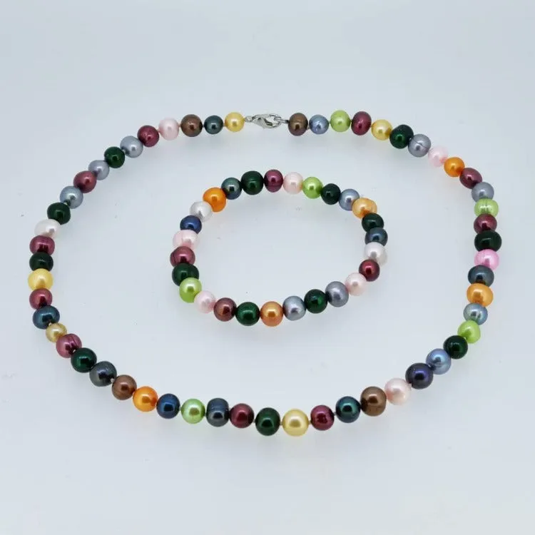Womens Pearl Set, Freshwater Pearl Necklace Bracelet and Earrings Multicolour