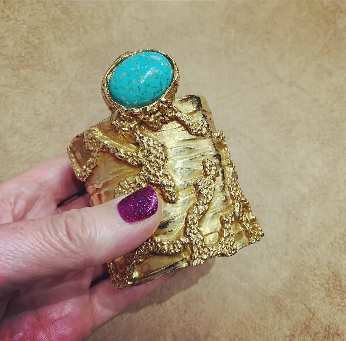 Yves Saint Laurent Gold Turquoise Statement Arty Cuff Bracelet YSL