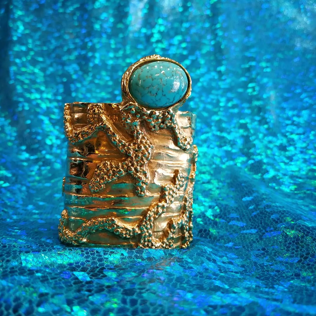 Yves Saint Laurent Gold Turquoise Statement Arty Cuff Bracelet YSL