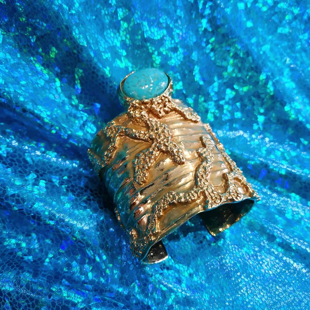 Yves Saint Laurent Gold Turquoise Statement Arty Cuff Bracelet YSL