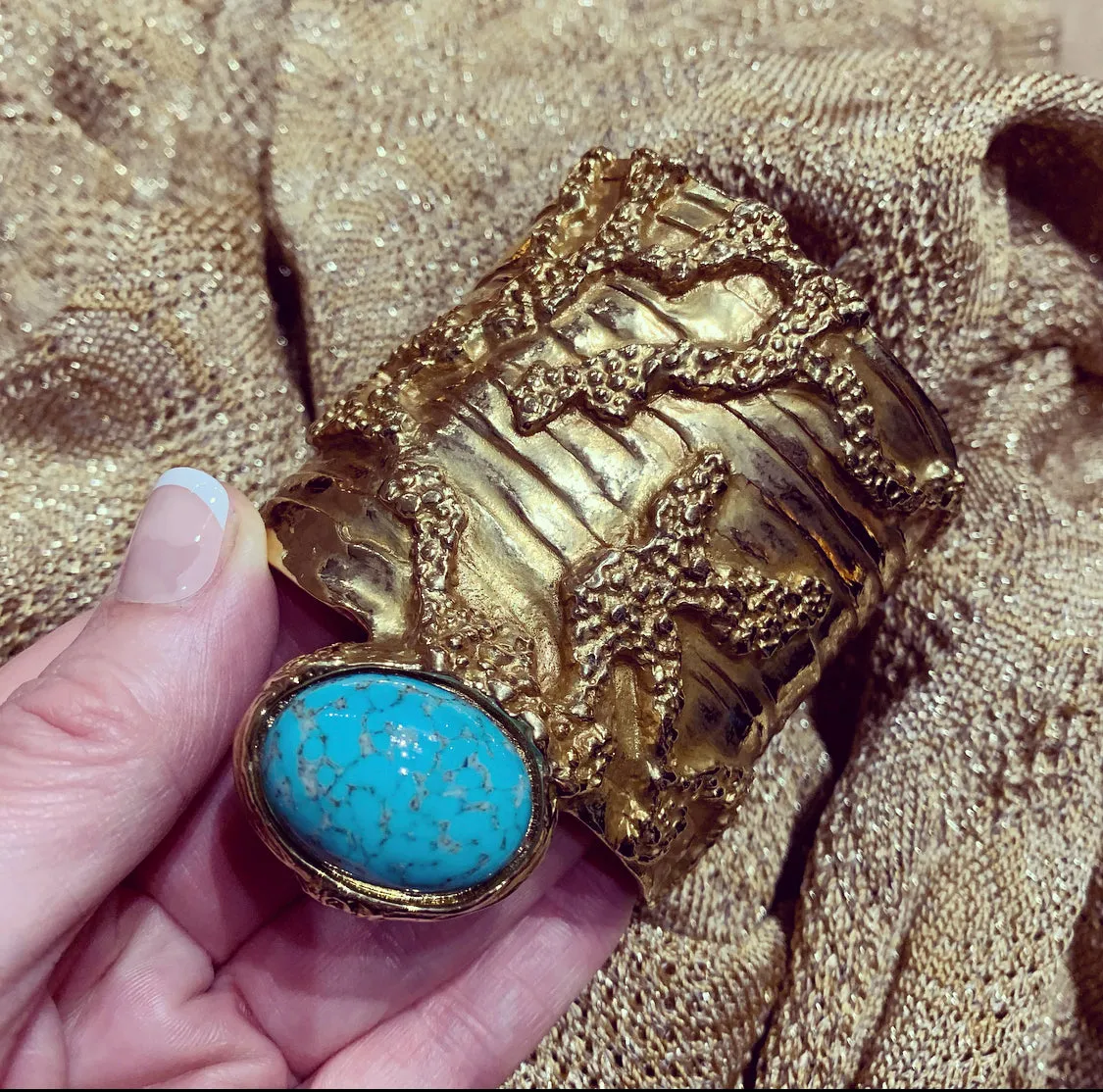 Yves Saint Laurent Gold Turquoise Statement Arty Cuff Bracelet YSL