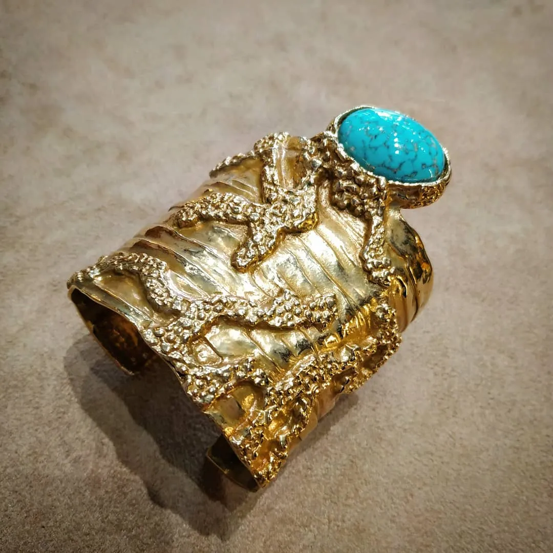Yves Saint Laurent Gold Turquoise Statement Arty Cuff Bracelet YSL
